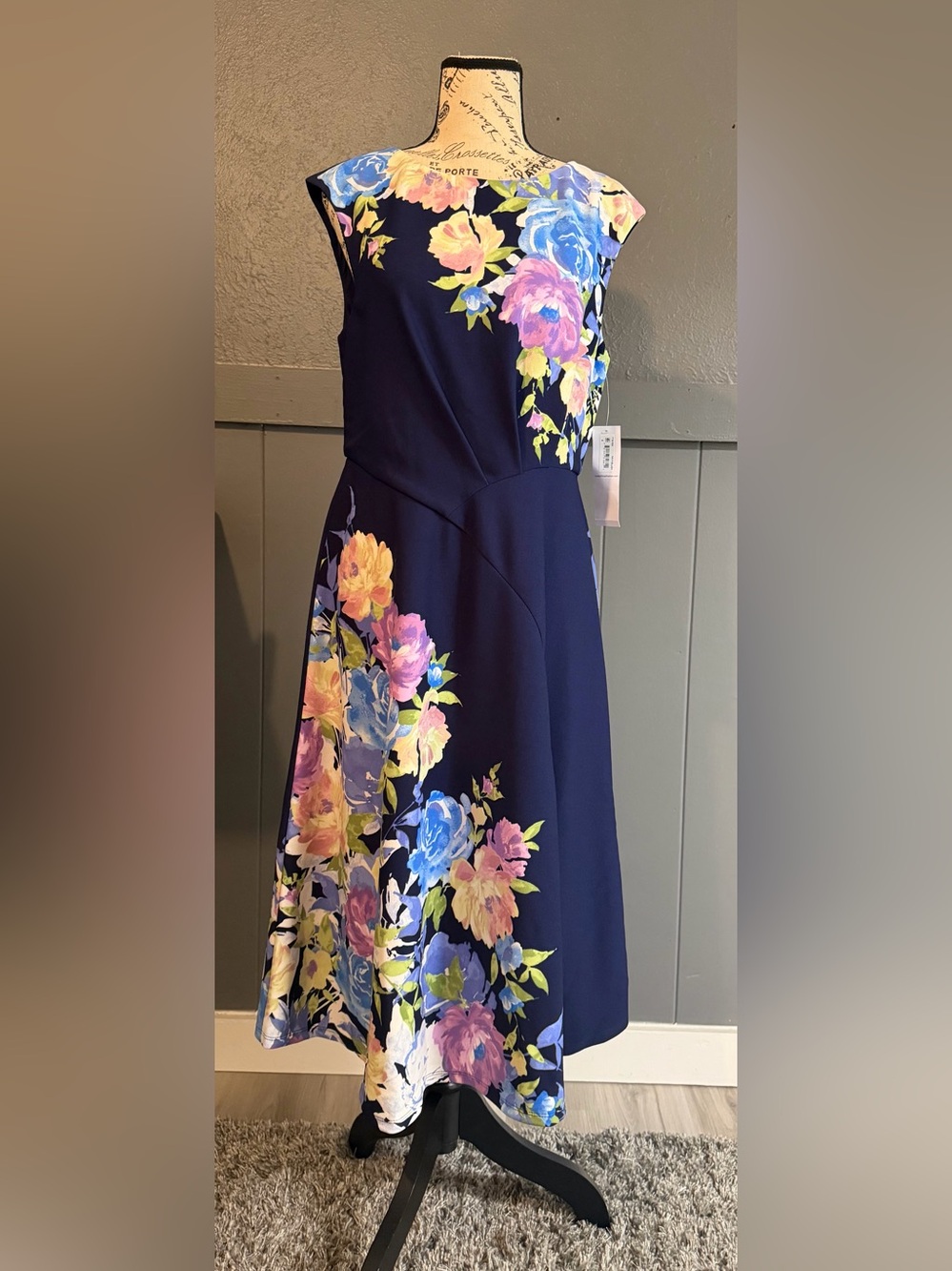 London Times Navy Floral Fit-and-Flare Dress